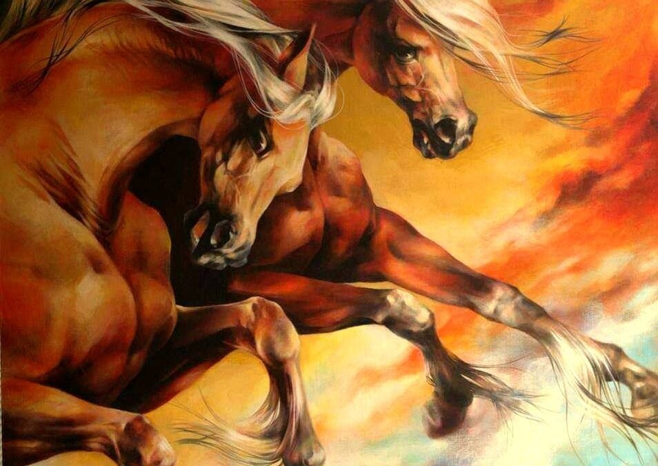 In a race with the sunset, Acrylic on canvas, horse painting by Victoria Stoyanova