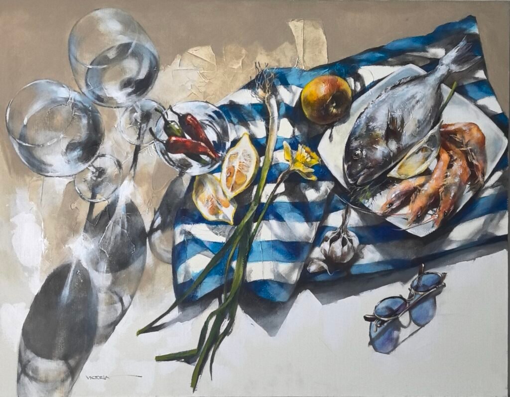 A Still life with Narcissus and Garlic, Acrylic on linen canvas, by Victoria Stoyanova